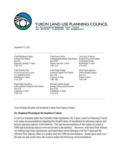 2011 Recommendations for Southern Yukon Planning Priorities