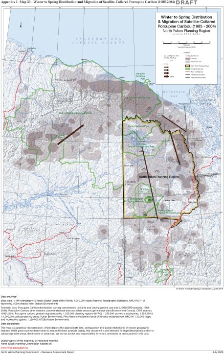 Map 23 - Winter to Spring Migration and distribution, Porcupine Caribou (1985-2005)